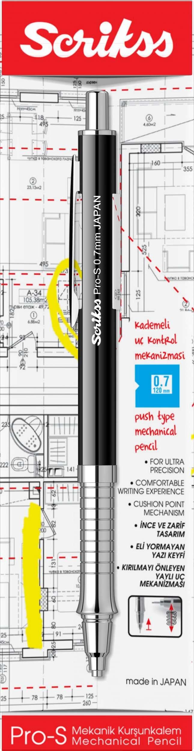 Scrikss قلم رصاص ميكانيكي سكريكس برو-س 0.7 مم برميل أسود جسم نحاسي آلية دفع ممحاة صغيرة مرفقة قبضة مطلية بالكروم بنمط مضاد للانزلاق خطي - Image 1