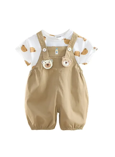 LITTLE SURPRISE BOX Cream Tee Brown Dungary Style 2Pcs Set For Toddlers And Kids