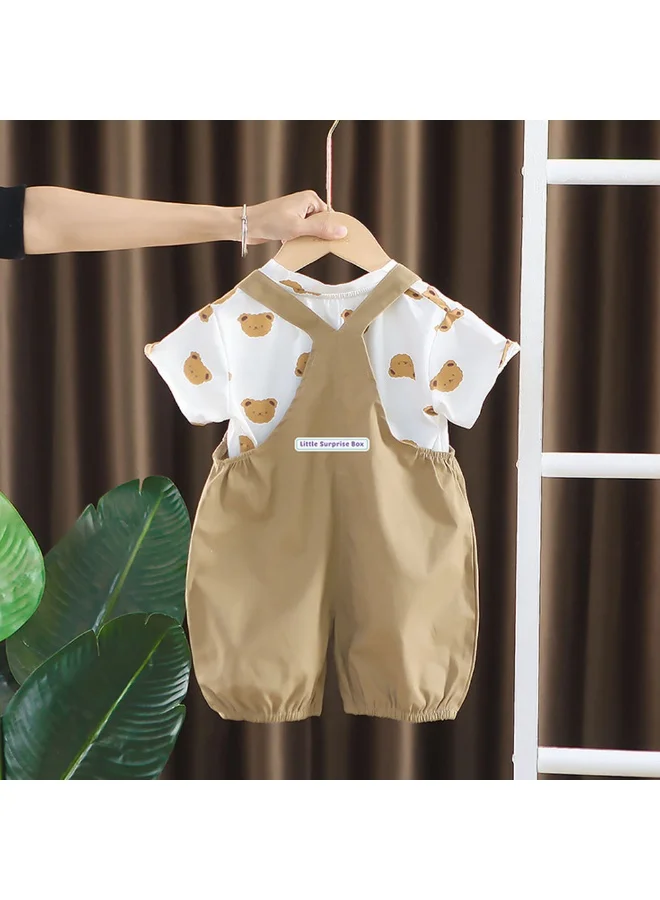 ليتل سربرايز بوكس Cream Tee Brown Dungary Style 2Pcs Set For Toddlers And Kids