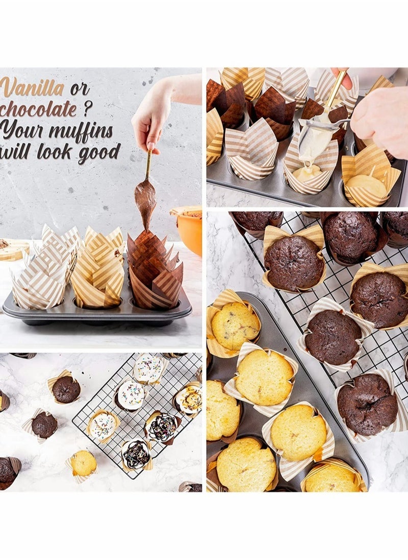 KASTWAVE - Baking Paper Cups Cupcake Liners, 100Pcs Brown White Tulip Style Baking Wrappers Muffin Cups Greaseproof Paper Square Non-Stick for Medium Large Cupcakes Mini Cake Party Birthday Random Color - Image 1