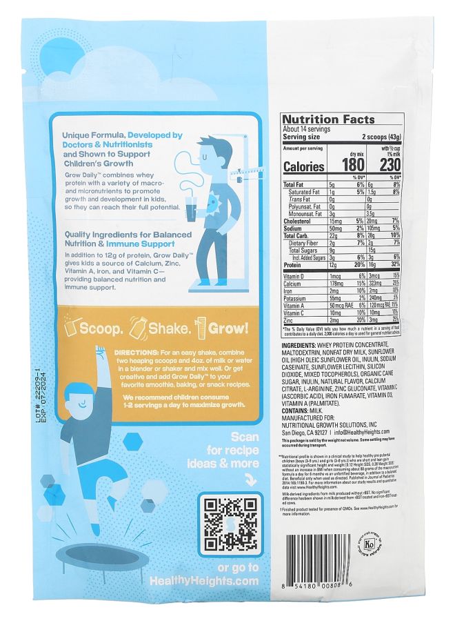 Healthy Heights Grow Daily Whey Protein & Nutrition Mix For Kids 3+ Vanilla 21.7 oz (616 g) - Image 2