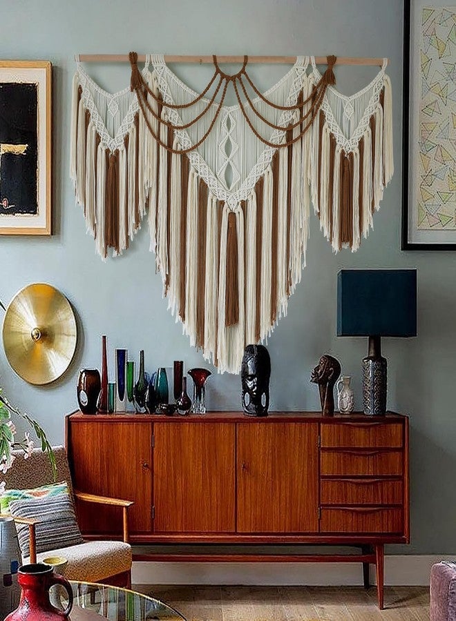 IOWER Boho Woven Wall Hanging Handwoven Brown and White Geometric Tapestry Handmade Macrame Decor for Modern Bedroom Living Room Apartment Office Home 47" W x 35" L - Image 3