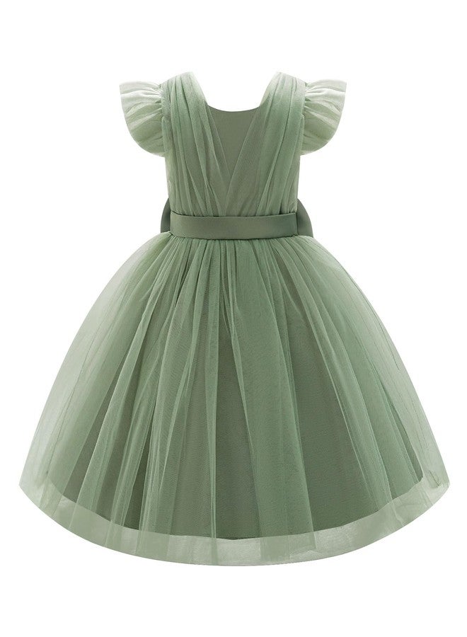 IBAKOM Baby Girl Flutter Sleeve Ruffle 1st 2nd Birthday Outfits Toddler Tea Party Pageant Flower Girl Formal Wedding Dress, Sage Green, 18-24 Months - Image 2