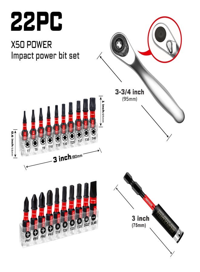 Geinxurn 22pieces Ratchet & Bit Driver Set, Magnetic S2 Steel 1”Insert Bits Tips with Base,Impact Bit Holder and Mini Wrench with Storage Box - Image 2