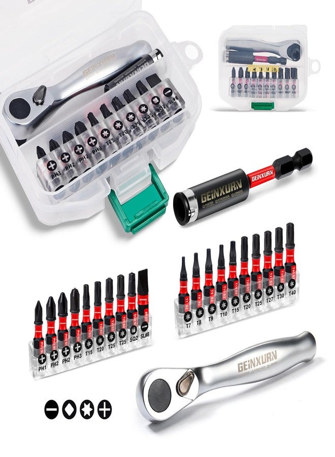 Geinxurn 22pieces Ratchet & Bit Driver Set, Magnetic S2 Steel 1”Insert Bits Tips with Base,Impact Bit Holder and Mini Wrench with Storage Box - Image 1