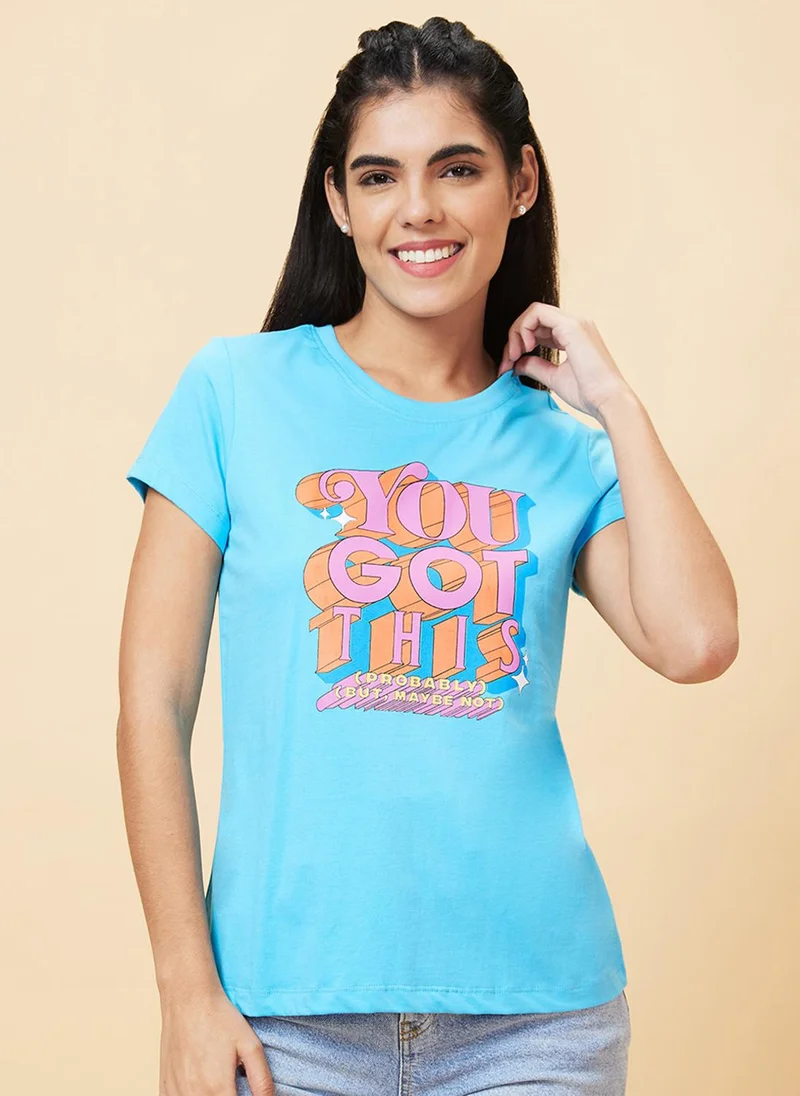 globus Globus Women Turquoise Blue Typography Printed Regular Fit Pure Cotton Casual T-Shirt