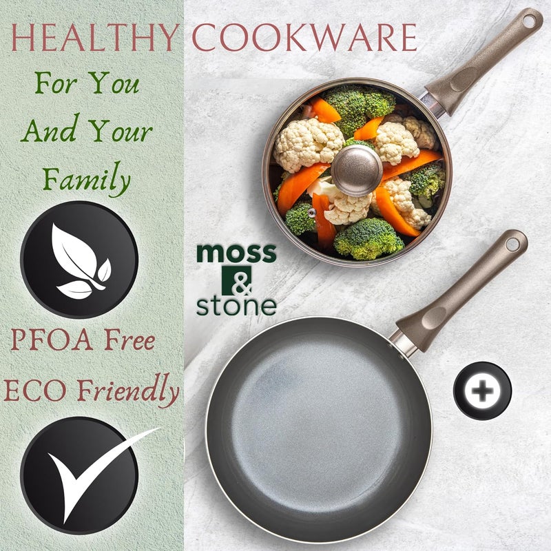 Moss & Stone 6 Piece Nonstick Cookware Set, Pots And Pans Set Non stick With Glass Lid, Induction Cookware, Home Kitchen Ware Pot And Pan Set Scratch Resistant, Stay-Cool Handles, PTFE/PFOA Free. - Image 4