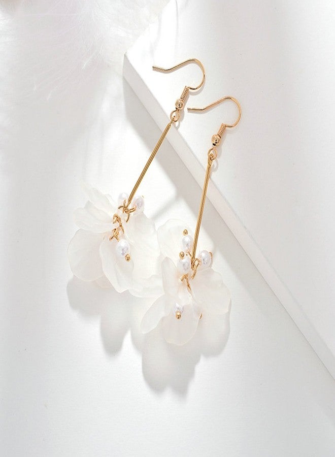 Merdia White Long Dangle Earrings Pearl Petals Drop Earrings for Women | Valentines Jewelry for Women with French Wire | Fashion Earrings for Women, Long Earrings for Women | Wedding Earrings for Brides - Image 5