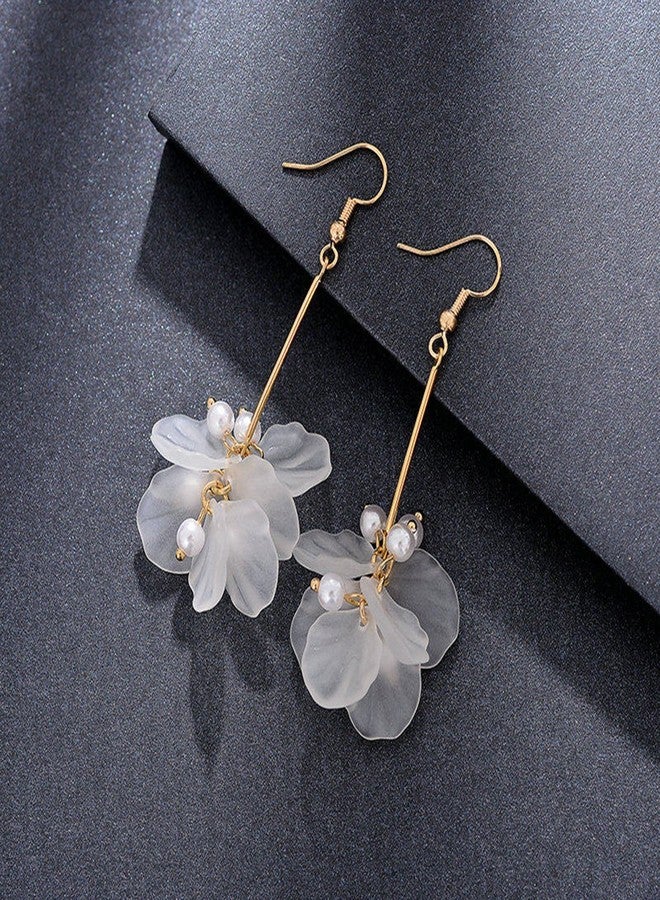 Merdia White Long Dangle Earrings Pearl Petals Drop Earrings for Women | Valentines Jewelry for Women with French Wire | Fashion Earrings for Women, Long Earrings for Women | Wedding Earrings for Brides - Image 3
