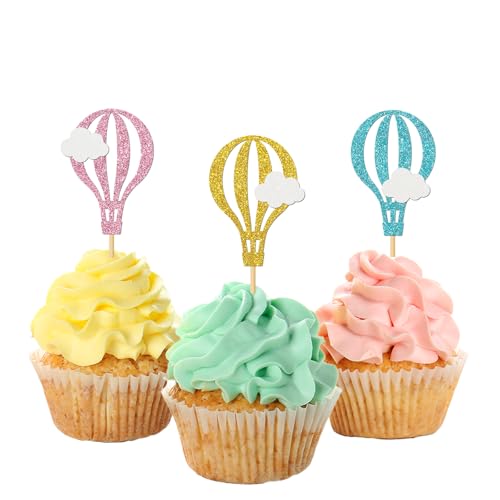 MonMon & Craft MonMon Craft 24 Pcs Clouds Hot Air Balloon Cupcake Toppers for Baby ShowerRetirement SignGraduation Cupcake DecorTravel Theme Party Cupcake DecorationsPink Sky Blue Gold Glitter - Image 1