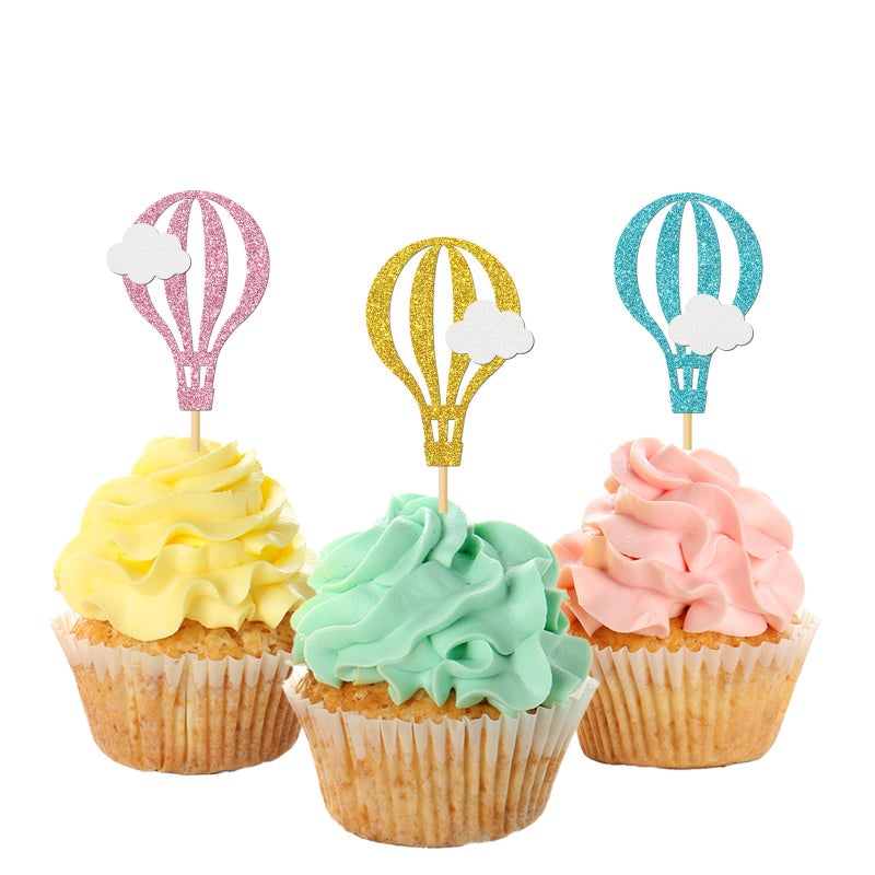 MonMon & Craft MonMon Craft 24 Pcs Clouds Hot Air Balloon Cupcake Toppers for Baby ShowerRetirement SignGraduation Cupcake DecorTravel Theme Party Cupcake DecorationsPink Sky Blue Gold Glitter - Image 3