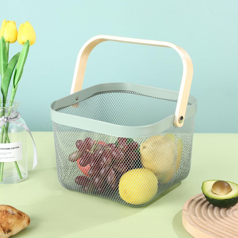 AJIODA Metal Mesh Steel Basket, Storage Organizer Basket Multi-functional Hanging Kitchen Basket Fruit Basket Bin with Bamboo Handle, 9.84 x 10.2 x 7 inch, Mint Green - Image 2