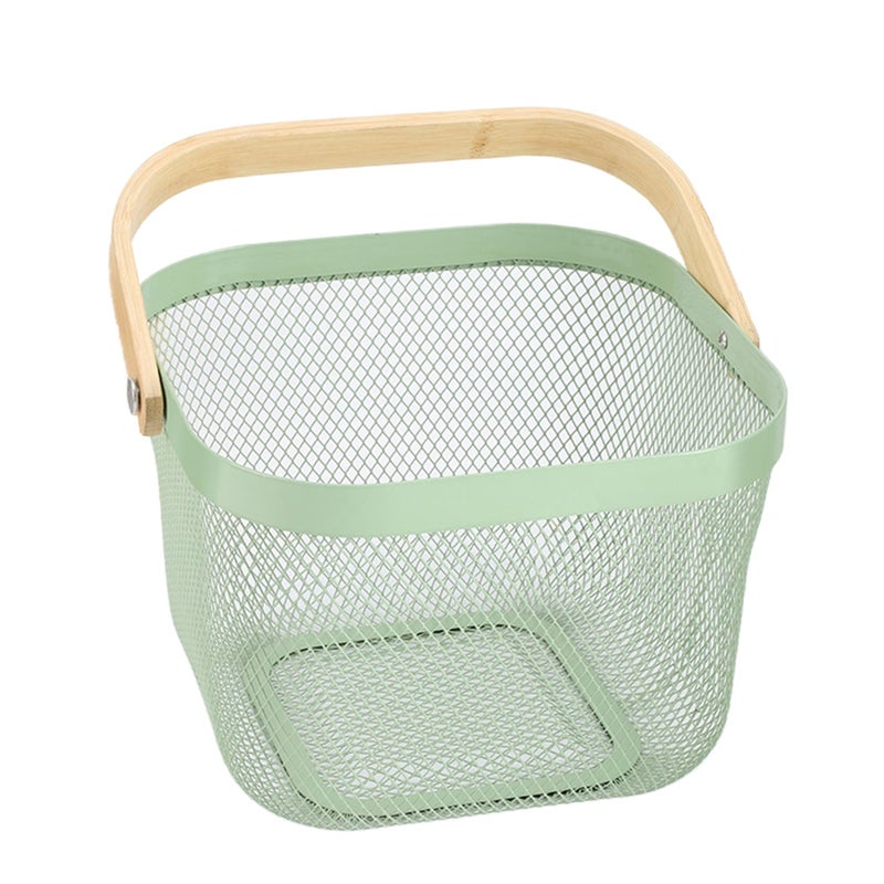 AJIODA Metal Mesh Steel Basket, Storage Organizer Basket Multi-functional Hanging Kitchen Basket Fruit Basket Bin with Bamboo Handle, 9.84 x 10.2 x 7 inch, Mint Green - Image 1