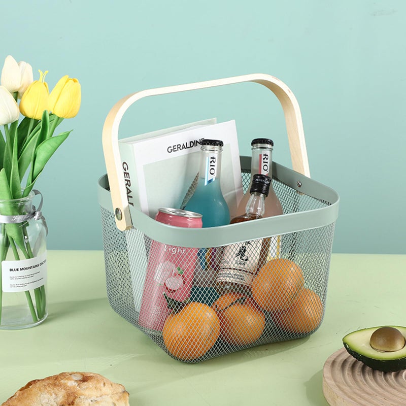 AJIODA Metal Mesh Steel Basket, Storage Organizer Basket Multi-functional Hanging Kitchen Basket Fruit Basket Bin with Bamboo Handle, 9.84 x 10.2 x 7 inch, Mint Green - Image 3