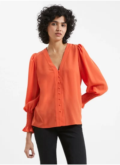 French Connection Crepe V-Neck Smocked Sleeve Blouse