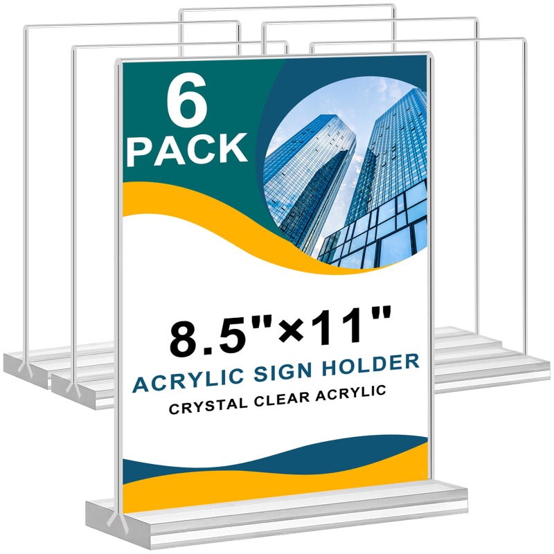 Arrobust 8.5 x 11 Acrylic Sign Holder Clear Display Table Signs Stand, Double Sided T Shape Flyer Holder Plastic for Picture Paper Frame Holder Home Office Menu Retail Show Fair, 6 Pack - Image 1