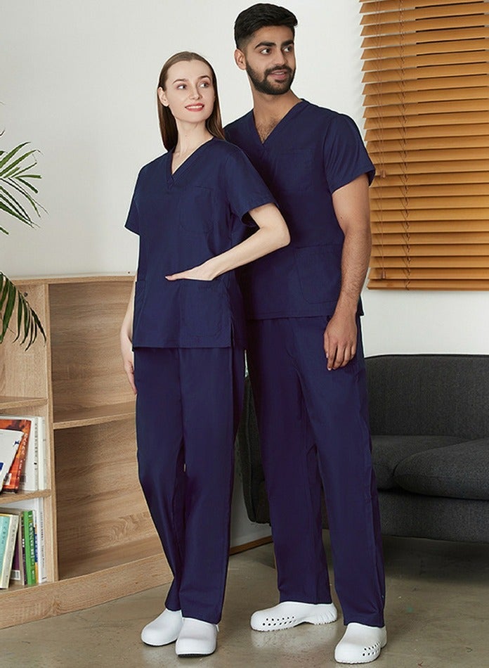 Loquat Medical Uniform Scrubs 2 Piece Set V-Neck Top and Elastic Waist Straight Pants Suit Navy Blue