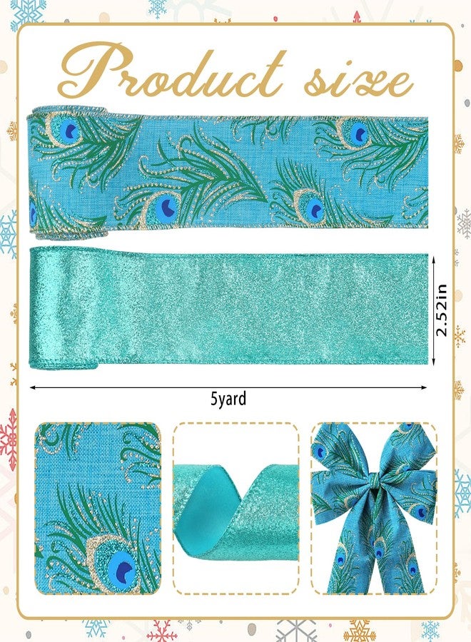 Glodecart 2 Rolls Peacock Ribbon for Wreath Bows Wrapping Gifts, Glitter Blue Green Peacock Ribbon for Gift Wrapping Party Supplies Decoration DIY Crafts 2.5" X 10 Yard, Wired Christmas Wreaths Ribbon - Image 2