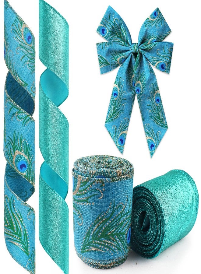 Glodecart 2 Rolls Peacock Ribbon for Wreath Bows Wrapping Gifts, Glitter Blue Green Peacock Ribbon for Gift Wrapping Party Supplies Decoration DIY Crafts 2.5" X 10 Yard, Wired Christmas Wreaths Ribbon - Image 1