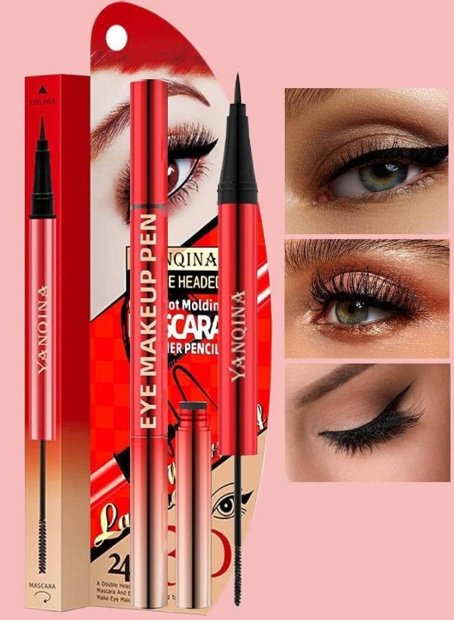 YANQINA 3D 2 IN 1 Mascara and Eyeliner Waterproof Double headed One Shot Molding Mascara Eyeliner Pencil Strong Black Long Lasting Smudge Proof Perfect Cat 4D Eye Makeup Pen - Image 1