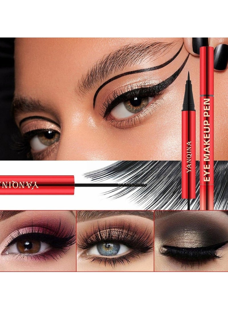 YANQINA 3D 2 IN 1 Mascara and Eyeliner Waterproof Double headed One Shot Molding Mascara Eyeliner Pencil Strong Black Long Lasting Smudge Proof Perfect Cat 4D Eye Makeup Pen - Image 2