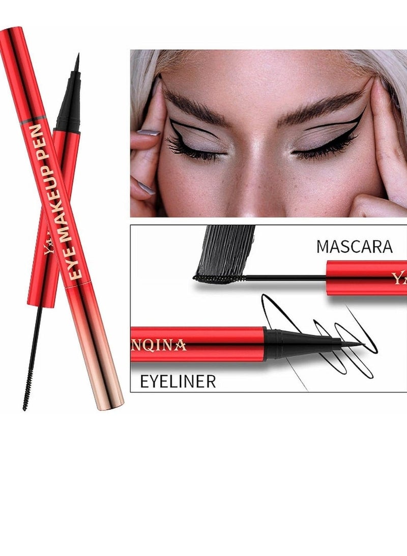 YANQINA 3D 2 IN 1 Mascara and Eyeliner Waterproof Double headed One Shot Molding Mascara Eyeliner Pencil Strong Black Long Lasting Smudge Proof Perfect Cat 4D Eye Makeup Pen - Image 4