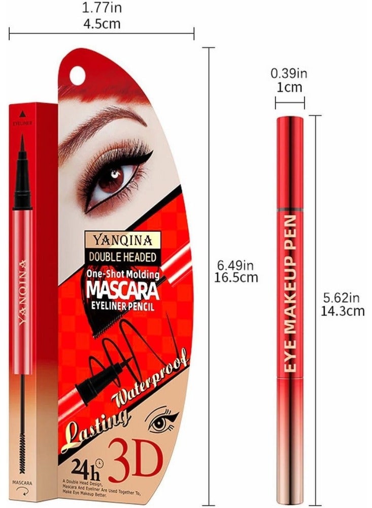 YANQINA 3D 2 IN 1 Mascara and Eyeliner Waterproof Double headed One Shot Molding Mascara Eyeliner Pencil Strong Black Long Lasting Smudge Proof Perfect Cat 4D Eye Makeup Pen - Image 5