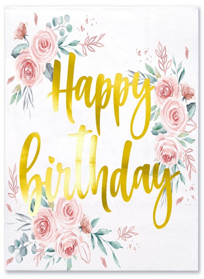 WRAPAHOLIC 50Pcs Gold Floral Happy Birthday Napkins - 3 Ply Disposable Paper Luncheon Napkin for Birthday Tableware Party Supplies - 6.5 x 6.5 In - Image 1
