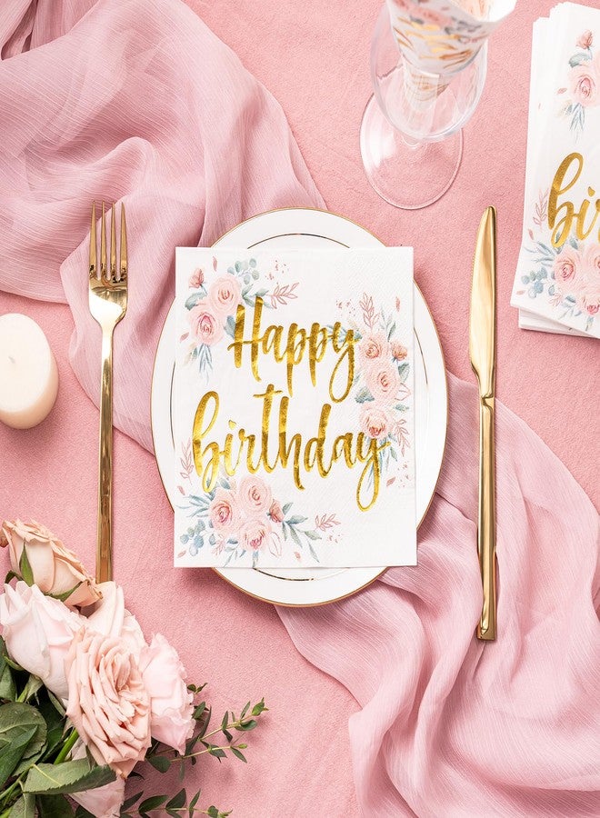 WRAPAHOLIC 50Pcs Gold Floral Happy Birthday Napkins - 3 Ply Disposable Paper Luncheon Napkin for Birthday Tableware Party Supplies - 6.5 x 6.5 In - Image 4