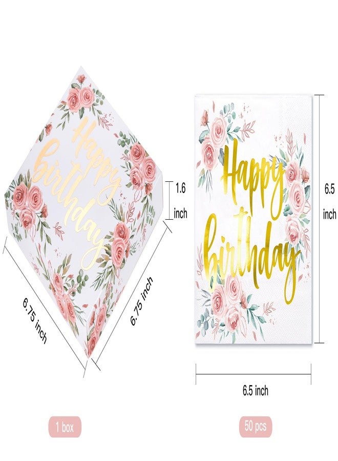 WRAPAHOLIC 50Pcs Gold Floral Happy Birthday Napkins - 3 Ply Disposable Paper Luncheon Napkin for Birthday Tableware Party Supplies - 6.5 x 6.5 In - Image 3