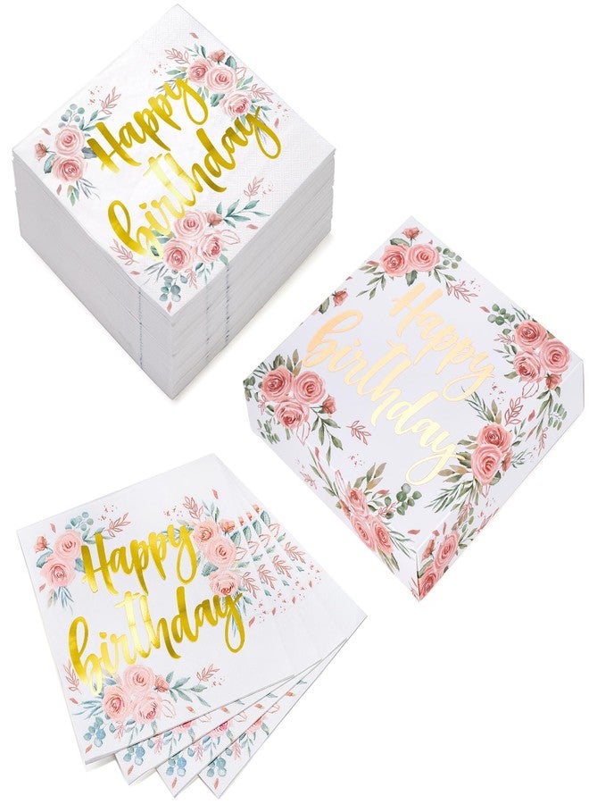 WRAPAHOLIC 50Pcs Gold Floral Happy Birthday Napkins - 3 Ply Disposable Paper Luncheon Napkin for Birthday Tableware Party Supplies - 6.5 x 6.5 In - Image 2