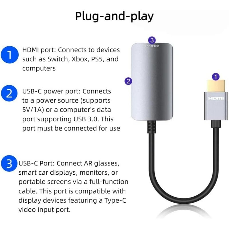HDMI to USB C Adapter 4K60Hz, Aluminum Shell, Nylon Braided Adapter for Portable Monitor, AR Glasses XREAL One/Air 2 Pro/VITURE Pro/Rokid, PS4/5, B0X, ROG Ally, DC 5V - Image 5