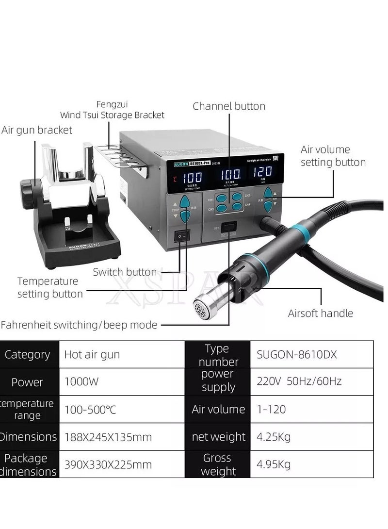 SUGON 8610DX-Pro 1000W Hot Air Gun Station BGA Rework Station for Cellphone CPU  - Image 3