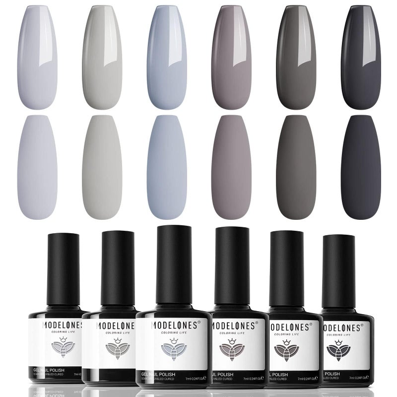 modelones Grey Gel Nail Polish Set 6 Colors, Winter Gray Tone Dark Cloud Stone Seal Iron Fossil Shades Collection Soak Off LED Nail Art Gel Kit Soak Off Manicure Salon DIY Home Gift - Image 1