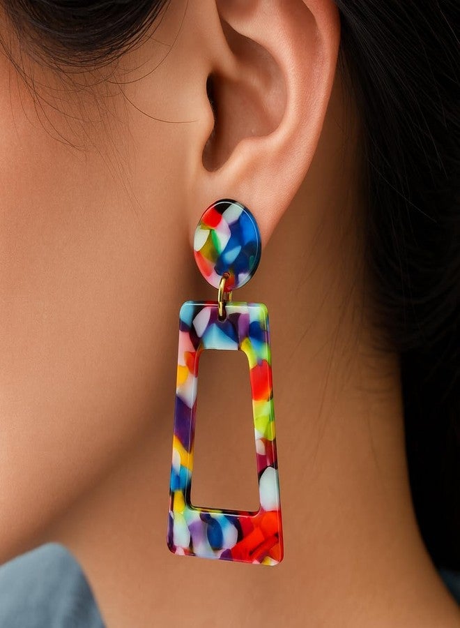 Symvikio Statement Clip On Earrings for Women, Statement Rectangle Geometric Dangle Drop Earring Clips for Non Pierced Jewelry Gifts (Colorful) - Image 4