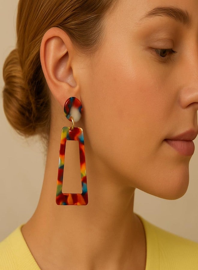 Symvikio Statement Clip On Earrings for Women, Statement Rectangle Geometric Dangle Drop Earring Clips for Non Pierced Jewelry Gifts (Colorful) - Image 2