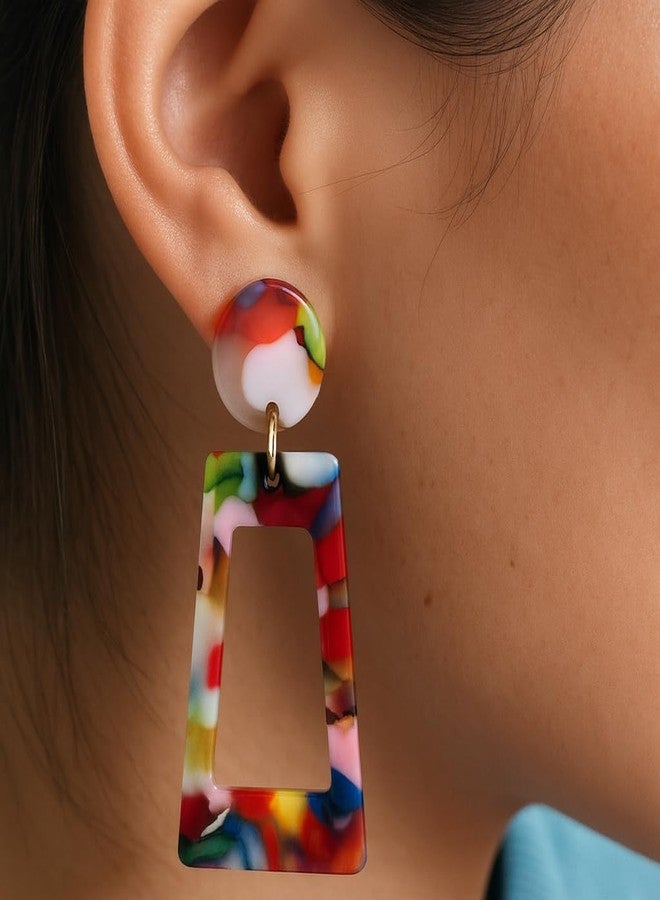 Symvikio Statement Clip On Earrings for Women, Statement Rectangle Geometric Dangle Drop Earring Clips for Non Pierced Jewelry Gifts (Colorful) - Image 5