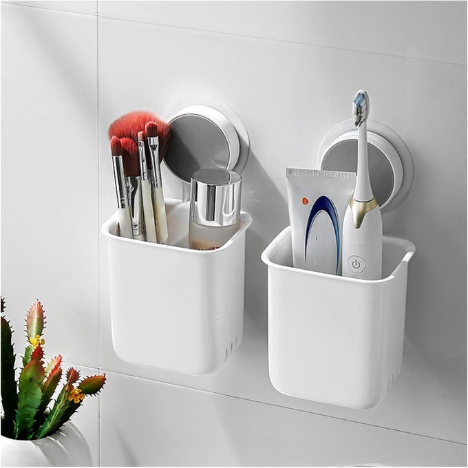 DRILLFREE REMOVABLE WALL MOUNTED TOOTHBRUSH HOLDER WITH STRONG SELFADHESIVE HOOK STICKER TOOTHPASTE RAZOR SHAVER MAKE UP BRUSHES ORGANIZER KITCHEN BATHROOM WALL STORAGE 2 PCS