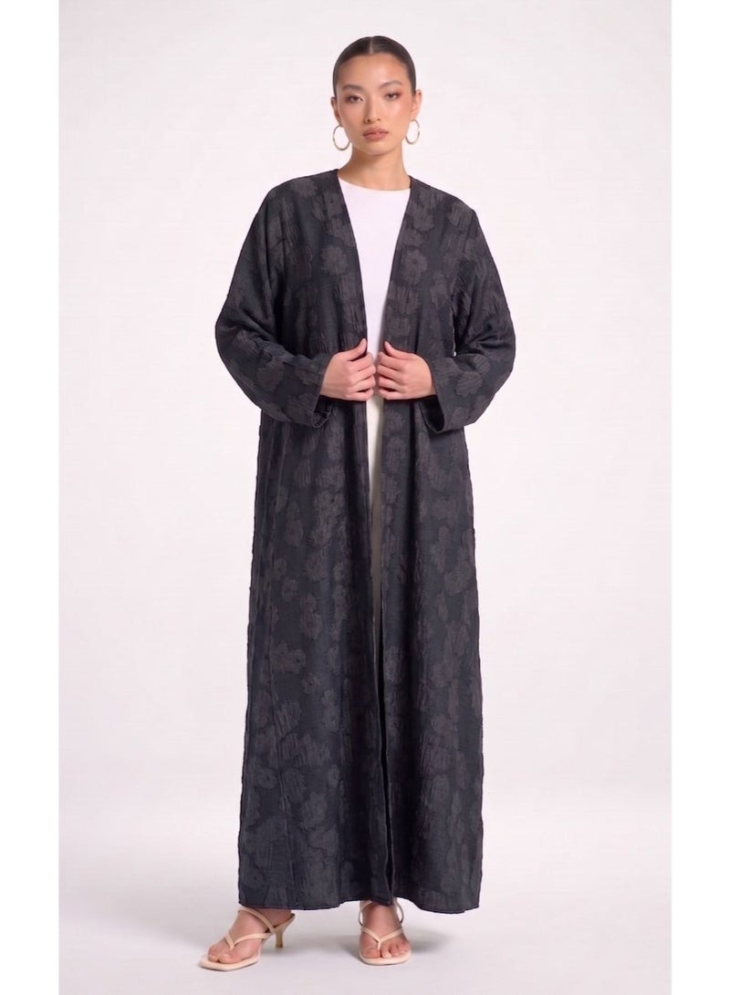 Next Abaya Charcoal Grey Denim Crepe Open Abaya Premium Textured Pattern Kimono - Image 1