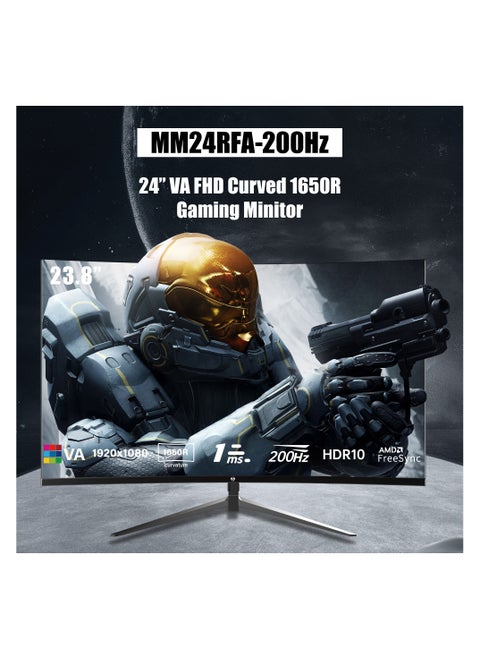 شاشة GXM GX24RFA 24 بوصة منحنية للألعاب فائقة السرعة، شاشة FHD 1920x1080 200 هرتز، 16:9، شاشة منحنية فائقة الاتساع 1650R، إضاءة خلفية LED مقاس 23.8 بوصة، وقت استجابة 1 مللي ثانية، 16.7 مليون لون شاشة، أسود