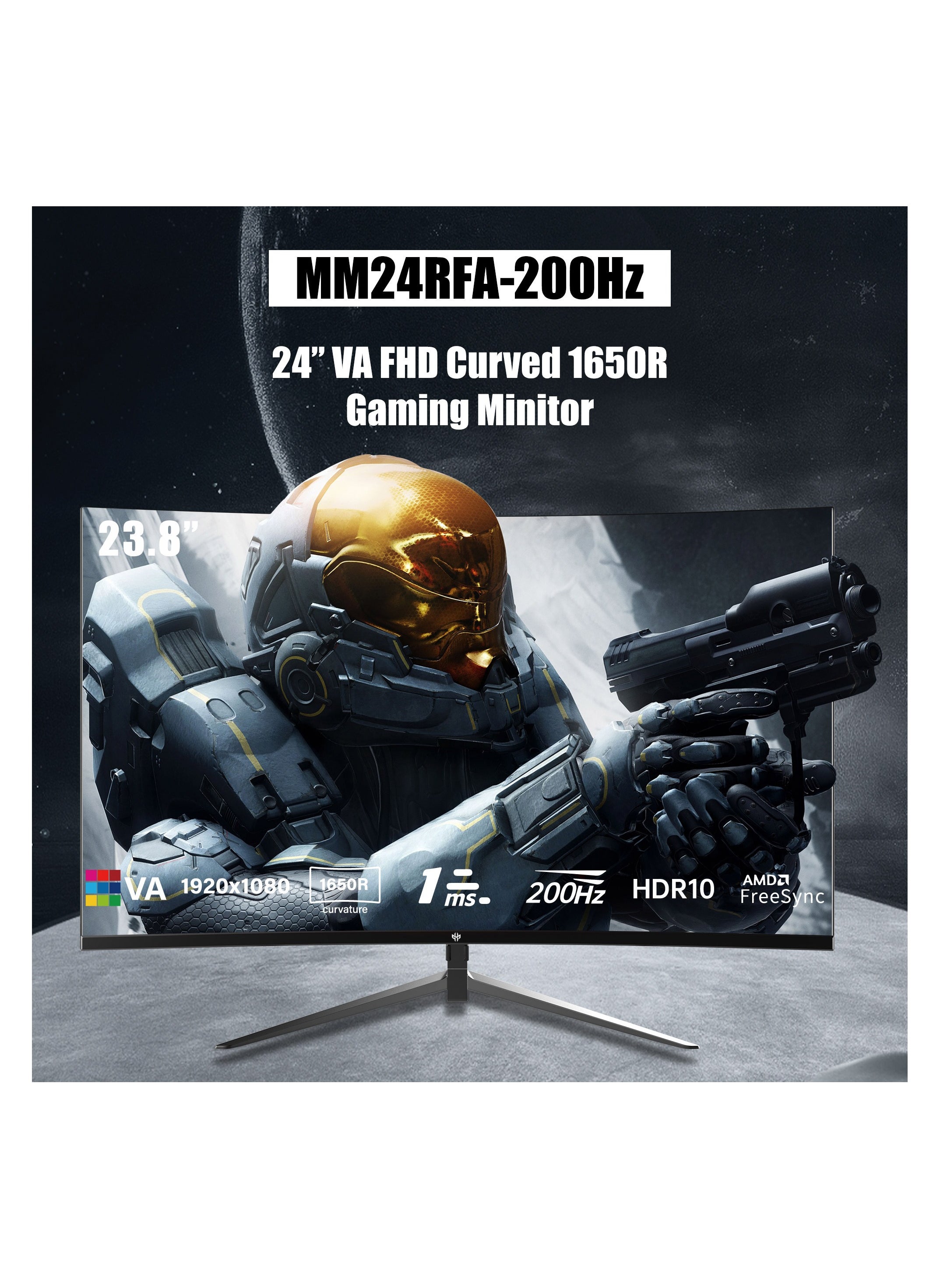 GXM GX24RFA 24” Curved Frameless Ultra-Fast Gaming Monitor, FHD 1920x1080 200Hz Display, 16:9, Ultrawide 1650R Curved Screen, 23.8” LED Backlit, 1ms ResponseTime, 16.7M DisplayColors, Black 