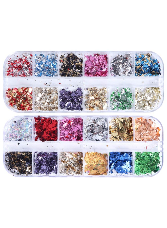 AUOCATTAIL 24 Grids Foil Nail Art Holographic Aluminum Nail Foil Flakes Stickers Nail Sequins 3D Glitter Decoration DIY Design Accessories Rainbow Nail Art Supplies Gold Nail Decals - Image 2