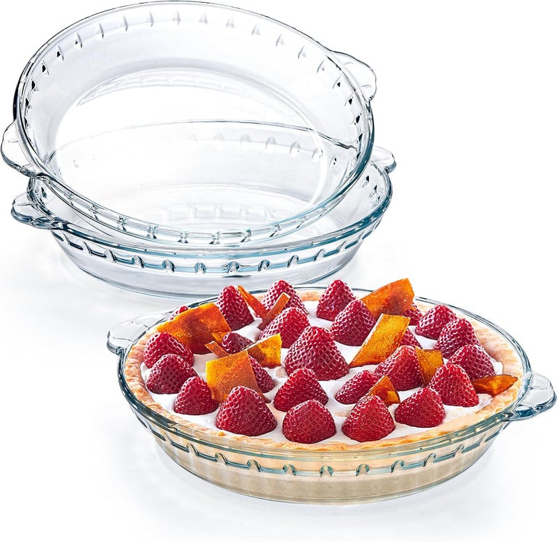 Kingrol 3 Pack Glass Pie Plates with Handles, 9 Inches Baking Dishes, Clear Glass Serving Plates for Snacks, Salads, Desserts - Image 1
