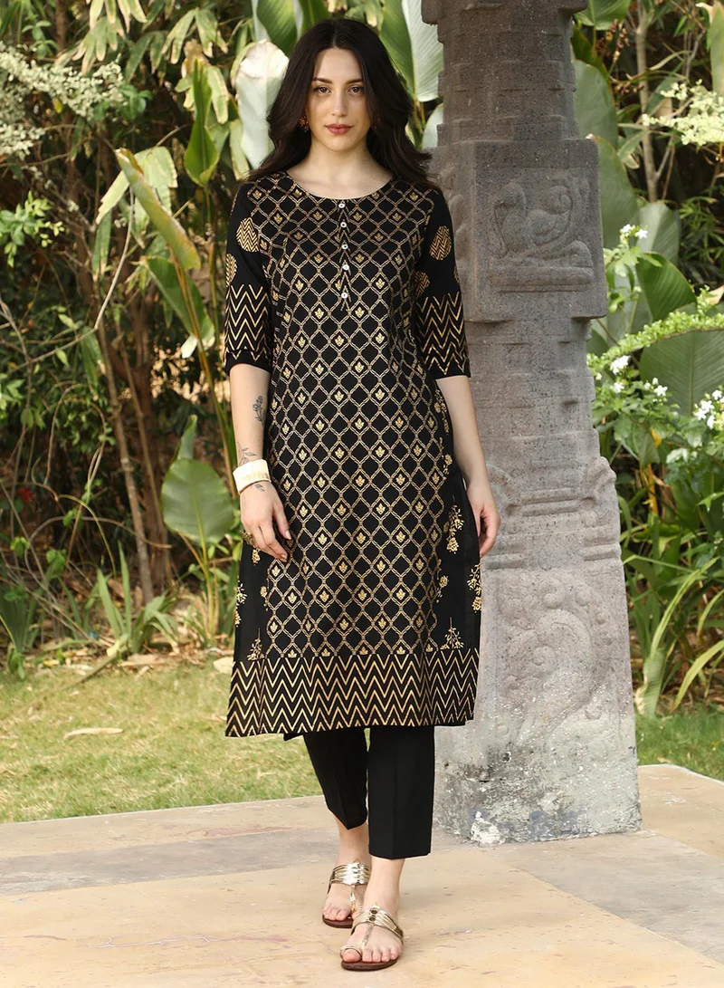 QISSA Women's Midnight Black Geometric Ethnic Print Kurta With Midnight Black Trousers Set