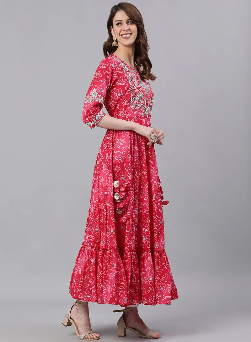 ISHIN  Women Pink Printed Anarkali Round Neck Regular Sleeves Kurta for Women | Best Price UAE