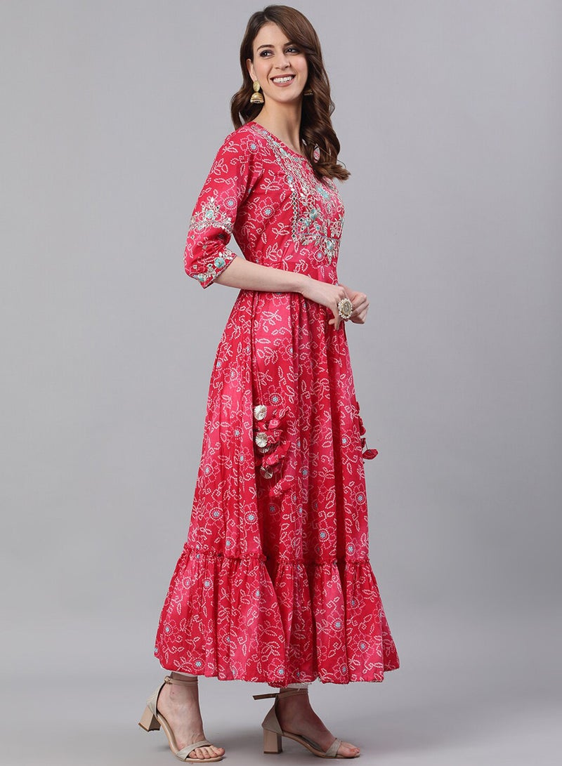 آي شين تونيك أناركالي نسائي وردي بطبعة وياقة مستديرة وأكمام عادية - Image 3