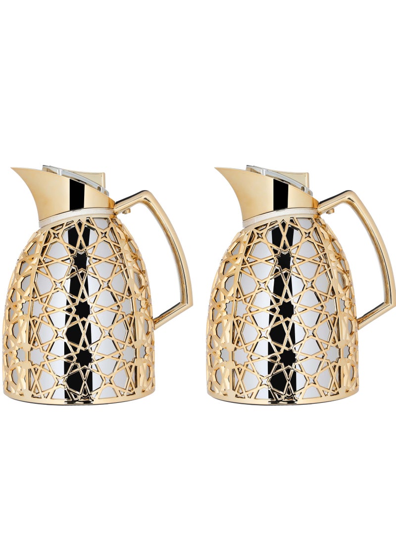 السيف غاليري طقم ترامس أندلسية السيف غاليري، 0.75/1 لتر، نقش اسلامي، حافظة داخلية زجاج، هيكل خارجي بلاستيك - فضي وذهبي - Image 1