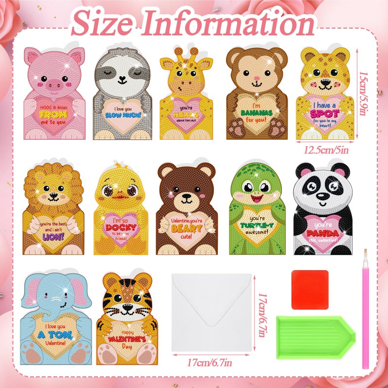 Saillong 12 Pack Valentine Gifts Diamond Painting Greeting Cards with Animal Design Diamond Art Card with Envelope Valentine's Day 5D Rhinestones Painting Making Kits for Adult DIY Craft Family Friend - Image 4