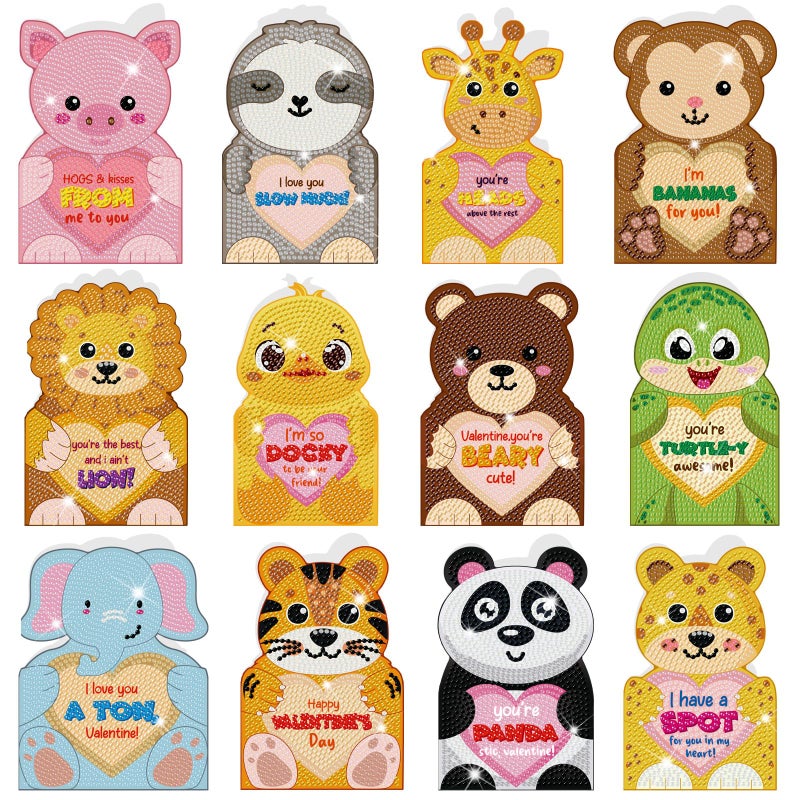Saillong 12 Pack Valentine Gifts Diamond Painting Greeting Cards with Animal Design Diamond Art Card with Envelope Valentine's Day 5D Rhinestones Painting Making Kits for Adult DIY Craft Family Friend - Image 1