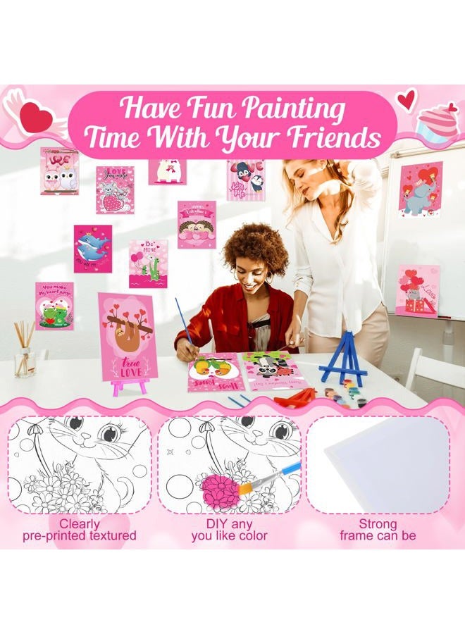 Blosssound 24 Pack Pre Drawn Canvas to Paint Pre Printed Canvas Painting Kits Bulk with Easel Paint Pots Brushes for Adult Sip Party Student Beginner Birthday DIY(Valentines Animals) - Image 3